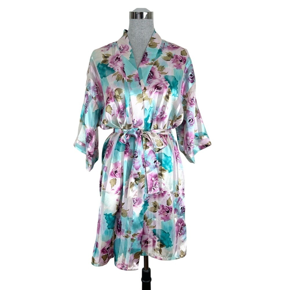 Vintage Inner‎ Most Striped Floral Gold Metallic Satin Robe